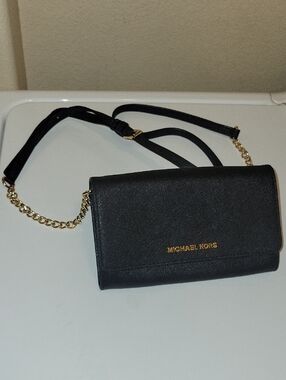 Michael Kors Black Crossbody Wallet with Gold Chain Accent